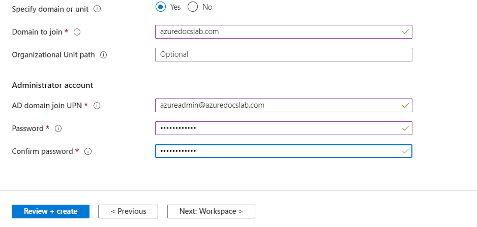 Azure WVD Specift domain or unit
